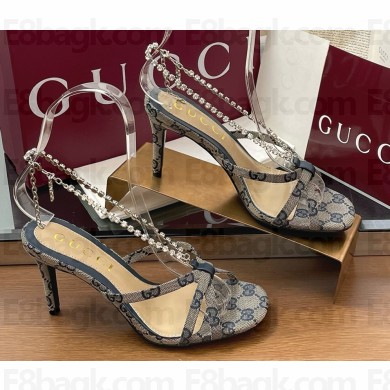Gucci Women's crystal chain sandal 794313 Beige and blue Original GG canvas heel 8.5cm 2025