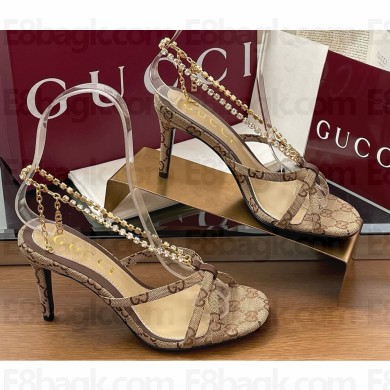 Gucci Women's crystal chain sandal 794313 Beige and ebony Original GG canvas heel 8.5cm 2025
