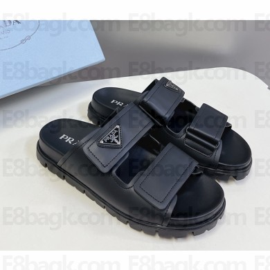 Prada women/men triangle-logo leather slides black 2025
