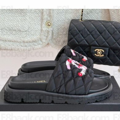 Chanel mules silk with flowers printing black 2025