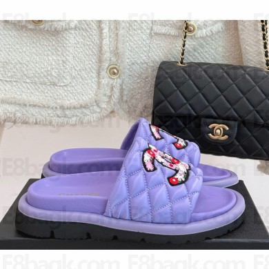 Chanel mules silk with flowers printing purple 2025