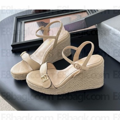 Chanel calfskin wedge sandals cc logo beige 2025