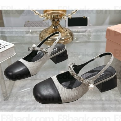 MIU MIU Canvas and leather slingback pumps 5I045E Black/Brandy heel 4.5cm 2025