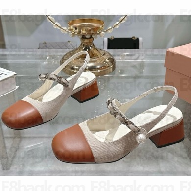 MIU MIU Canvas and leather slingback pumps 5I045E Beige/Brandy heel 4.5cm 2025