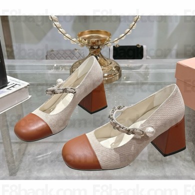 MIU MIU Canvas and leather mary janes Beige/Brandy heel 7.5cm/4.5cm 2025