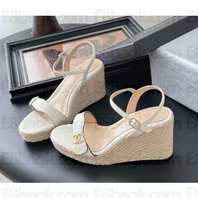 Chanel calfskin wedge sandals cc logo white 2025