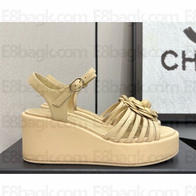 Chanel Camellia lambskin wedge sandals beige 2025