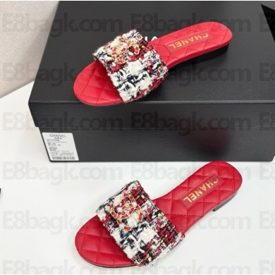 Chanel Tweed flat slides with cc logo red 032120 2025