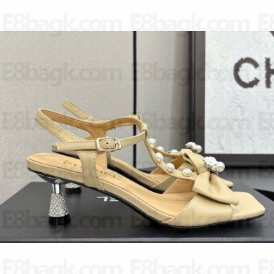 Chanel lambskin sandals with bow and pearl beige 2025
