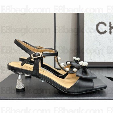 Chanel lambskin sandals with bow and pearl black 2025
