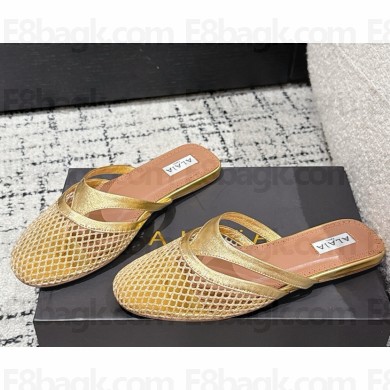 Alaïa INFRADITO FLAT MULES IN FISHNET AND LEATHER gold 2025