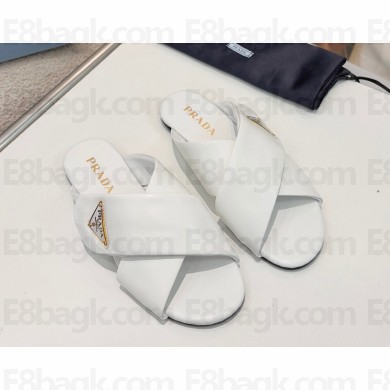 Prada slides sandals triangle logo white calf leather 2025