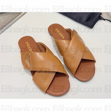 Prada slides sandals triangle logo brown calf leather 2025