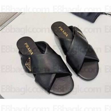 Prada slides sandals triangle logo black calf leather 2025