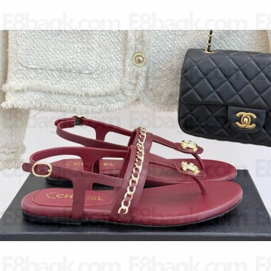 Chanel sandals lambskin double c with chain burgundy 2025