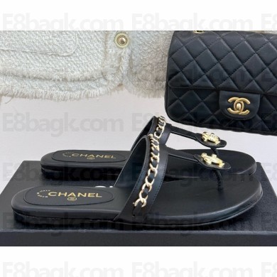 Chanel slides sandals lambskin double c with chain black 2025
