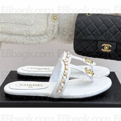 Chanel slides sandals lambskin double c with chain white 2025