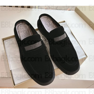Brunello Cucinelli Suede penny mules loafers with monili black 2025