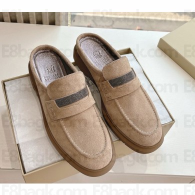 Brunello Cucinelli Suede penny mules loafers with monili beige 2025