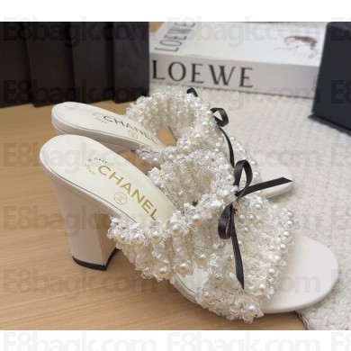 Chanel mules sandals Tweed with Pearl decoration white heel 9cm/5cm 2025