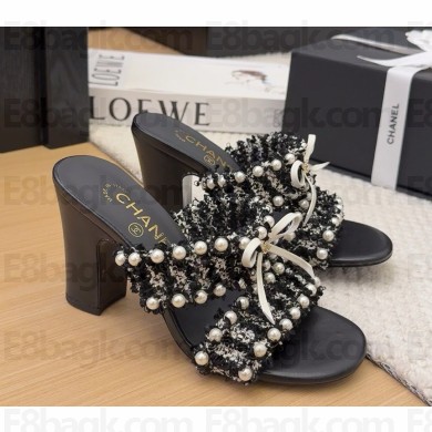 Chanel mules sandals Tweed with Pearl decoration black heel 9cm/5cm 2025