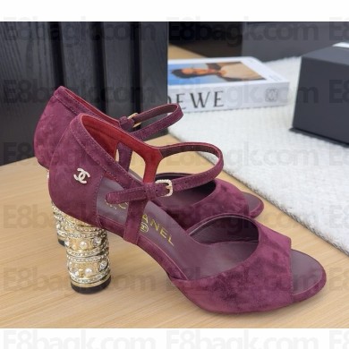 Chanel sandals Suede lambskin Imitation Pearls, Strass & Metal burgundy heel 9cm 2025