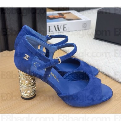 Chanel sandals Suede lambskin Imitation Pearls, Strass & Metal blue heel 9cm 2025