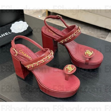 Chanel heel 8.5cm sandals lambskin double c with chain burgundy 2025