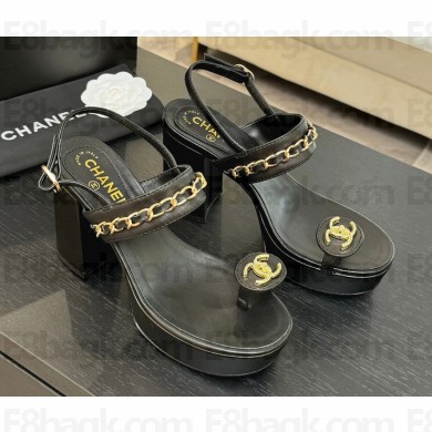 Chanel heel 8.5cm sandals lambskin double c with chain black 2025