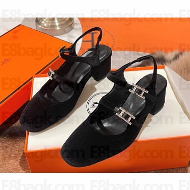 Hermes Jackie 50 pump in velvet featuring a rose gold-plated Hapi buckle black heel 5cm 2025