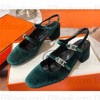 Hermes Jackie 50 pump in velvet featuring a rose gold-plated Hapi buckle green heel 5cm 2025