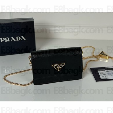 PRADA Saffiano leather card holder with shoulder strap 1MR034 black 2025