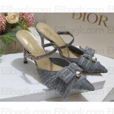 Dior Or Adiorable Heeled Mule Silver-Tone Cotton Embroidered with Metallic Thread and Strass and Laminated Lambskin Heel 8cm 2025