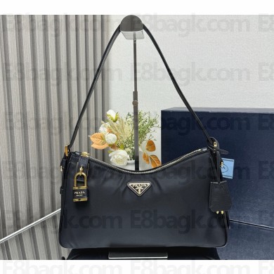 Prada Aimée large Re-Nylon and leather shoulder bag with padlock 1BC232 black 2025