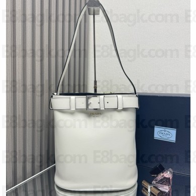 Prada Buckle leather bucket bag with belt 1BE085 White/Black 2025