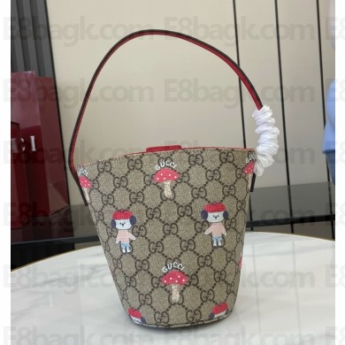 GUCCI Children's printed GG bucket bag 752356 Beige and dark brown GG Supreme canvas Red Supreme trim 2025