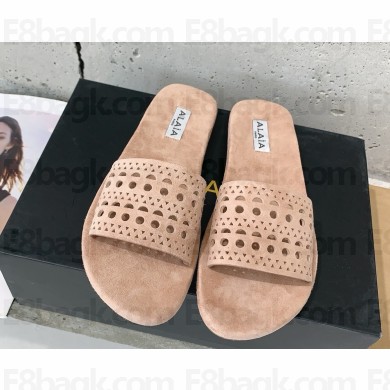 ALAÏA Vienne Cutout Flat Slide Sandals In beige suede 2025