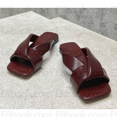 Bottega Veneta Riva Flat Mule sandal in shiny calfskin with padded tubular straps and twisted design  Barolo 2025
