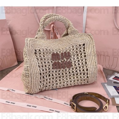 MIU MIU Wander woven fabric tote bag 5ba219 Beige/Cognac 2025