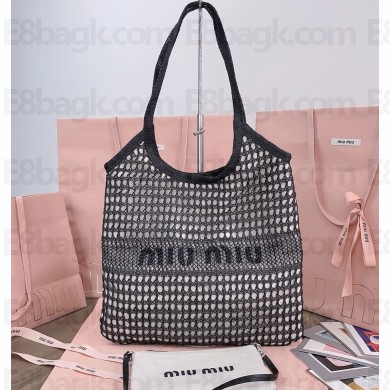 MIU MIU IVY raffia-effect and linen bag 5BG231 black 2025