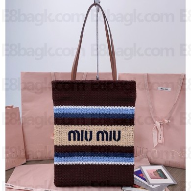 MIU MIU Raffia-effect woven tote bag 5BG248 Cocoa Brown/Celeste/Natural 2025