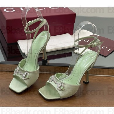 Gucci Women's sandal with crystal Horsebit 834344 light green satin heel 10.5cm / 8.5cm 2025