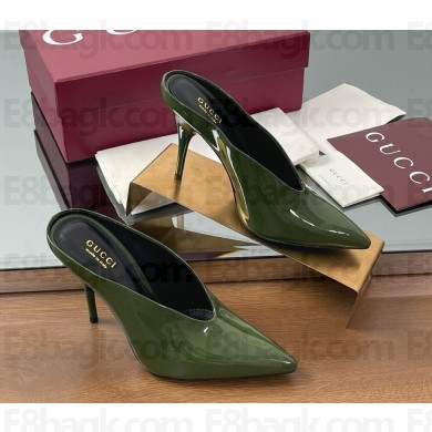 Gucci heel 10.5cm patent leather mules pumps in dark green 2025