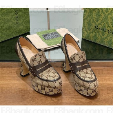 Gucci heel 13.5cm platform 5cm pumps beige and dark brown GG canvas and leather 2025