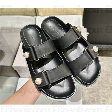 Jimmy Choo Fayence Sandal Black Leather Flat Sandals with Pearl Embellishment black 2025