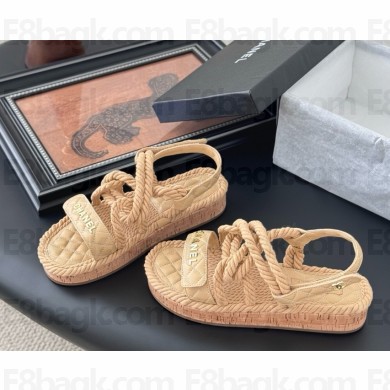 Chanel sandals calf leather and straw with logo beige 2025