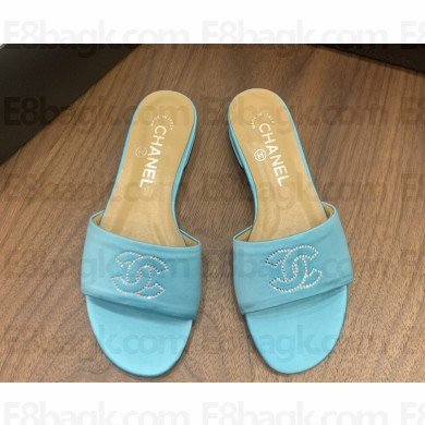 Chanel mules satin flat with CC blue 2025