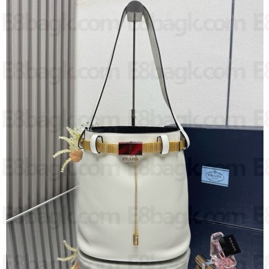 Prada Buckle leather bucket bag with jeweled belt 1BE085 White/Black 2025