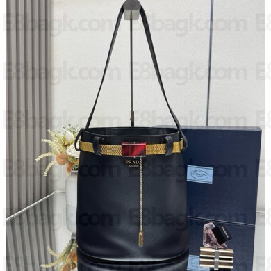 Prada Buckle leather bucket bag with jeweled belt 1BE085 Black 2025