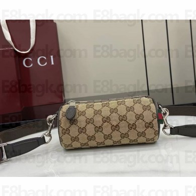 Gucci GG canvas mini cylinder bag 834269 Beige and dark brown GG canvas Dark brown leather trim 2025